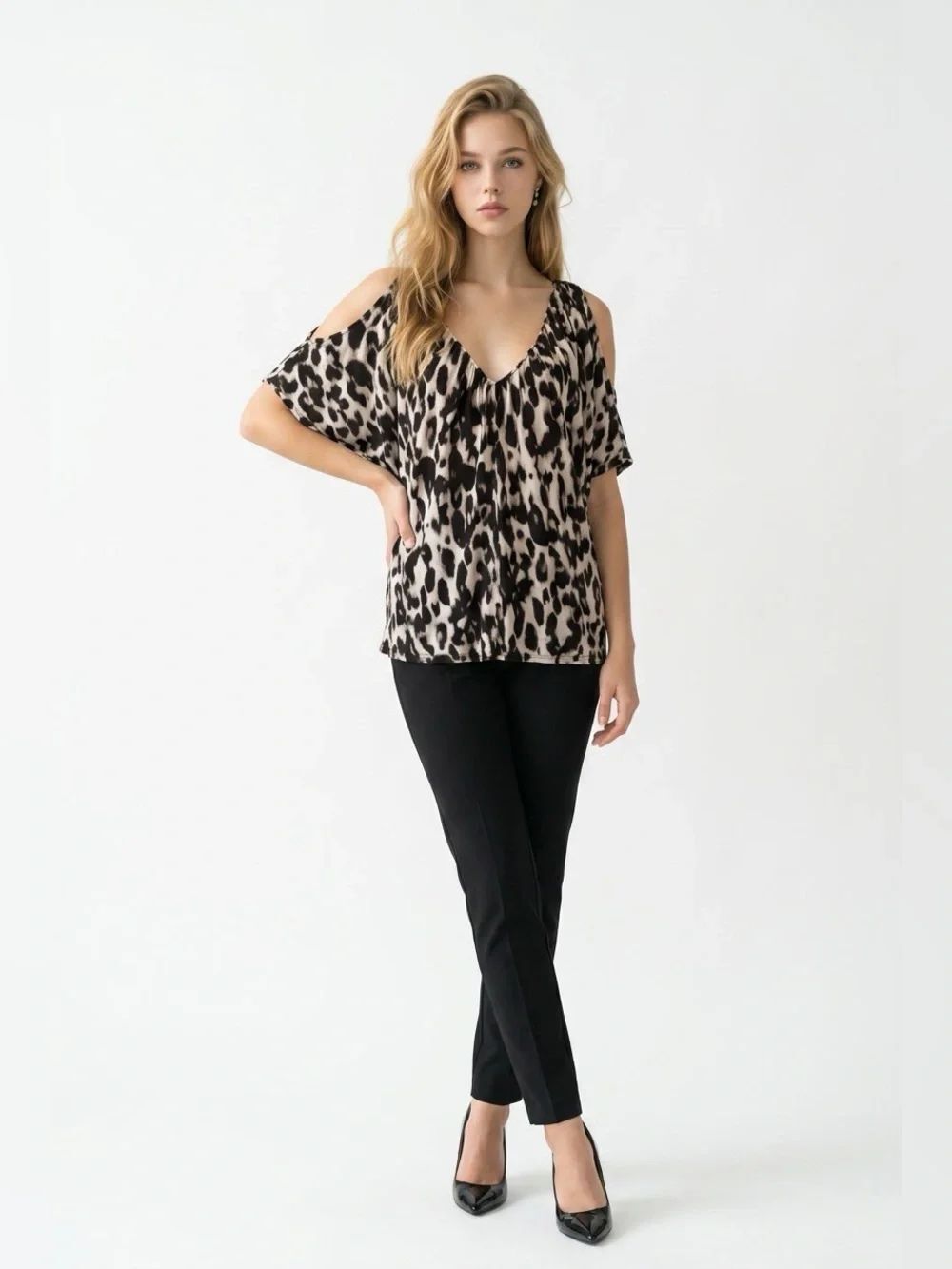 Guess Cold-Shoulder Leopard V-Neck Blouse - Beige/Black